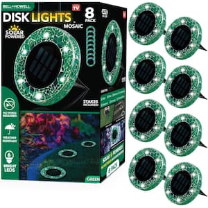 Mosaic Disk Lights Solar Powered Green LED Weather Resistant Path Lights with Mosaic Glass Top (8-Pack)