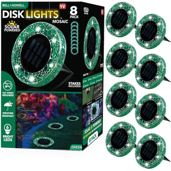 Bell + Howell Mosaic Disk Lights Solar Powered Green LED Weather Resistant Path Lights with Mosaic Glass Top (8-Pack)