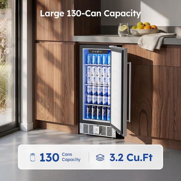 15 in. Single Zone 130-Cans Built-in Beverage Refrigerator Cooler Fridge in Silver Stainless Steel, with Auto LED Lights