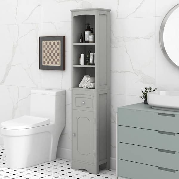 13.4 in. W x 9.1 in. D x 66.9 in. H Gray Tall Bathroom Freestanding Linen Cabinet with Drawer and Adjustable Shelf