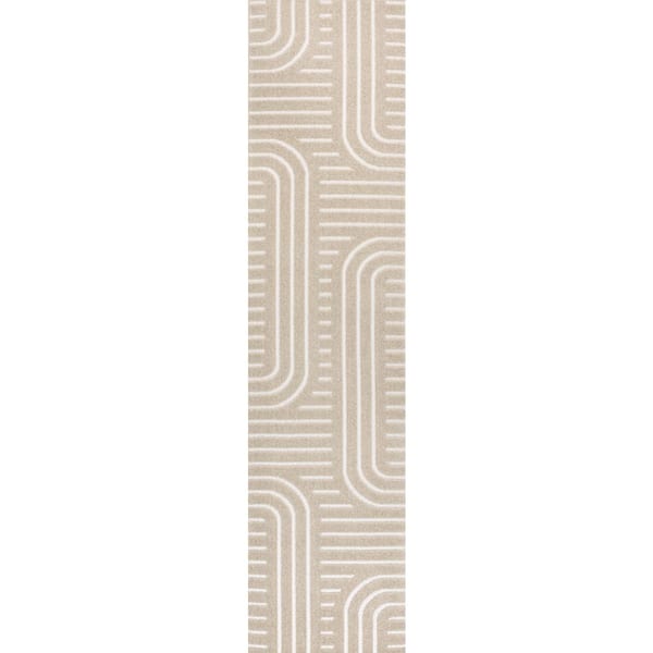 Anders High-Low MidCentury Modern Arch Stripe 2-Tone Beige/Cream 2 ft. x 8 ft. Indoor/Outdoor Runner Rug