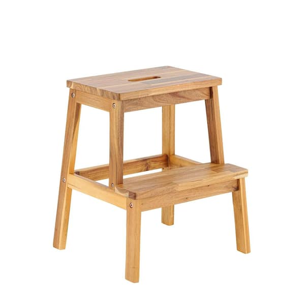 Zeus & Ruta Light Brown Acacia Wood Outdoor Bar Stool, Two Steps Stool Small Size Rectangle