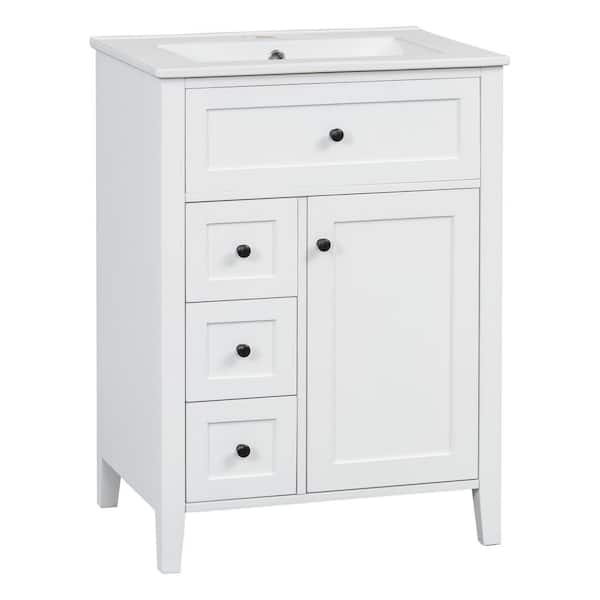 24 in. White Wood Rectangle Vessel Sink Bathroom Vanity Combo with Adjustable Shelves, 3 Drawers