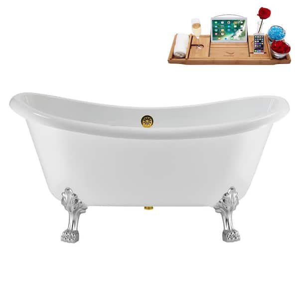 Streamline 59 in. x 28 in. Acrylic Clawfoot Soaking Bathtub in Glossy White with Polished Gold Drain, Polished Chrome Clawfeet