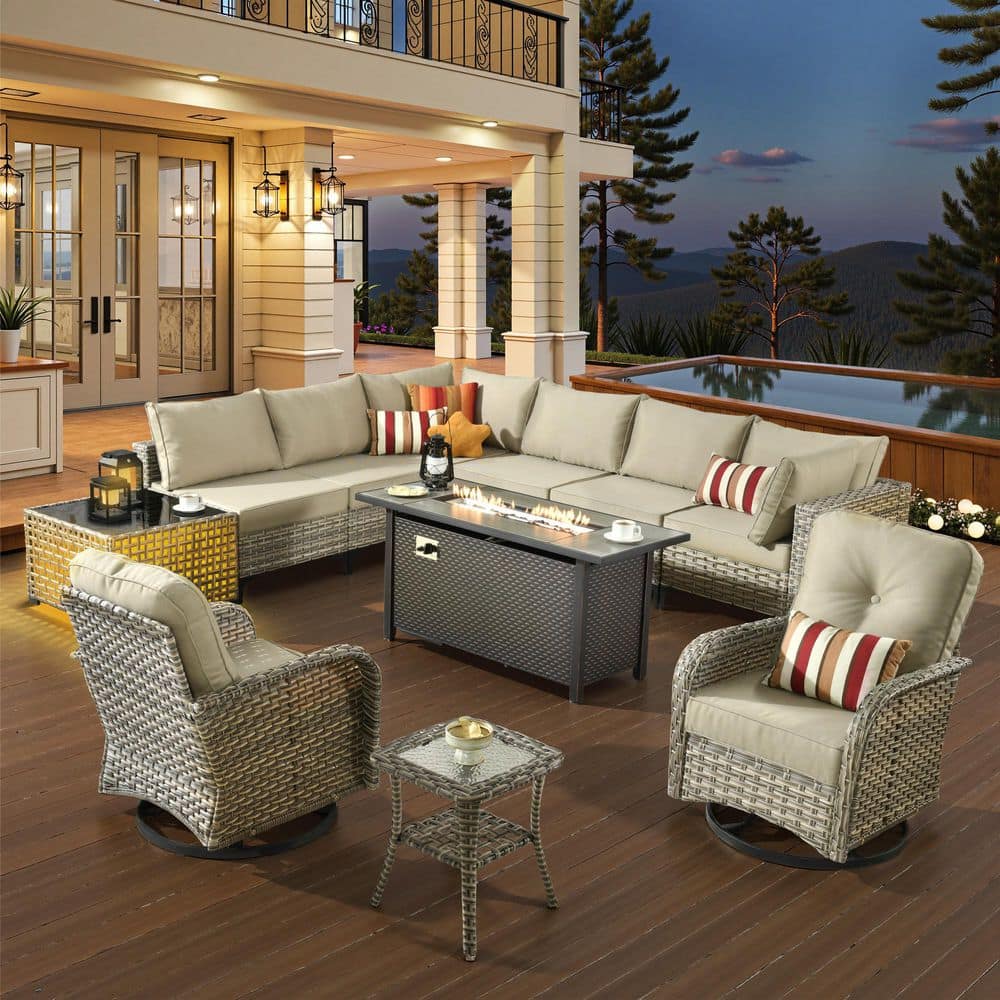 Grace 11 Pieces Wicker Outdoor Patio Rectangular Fire Pit Set and Swivel Rocking Chairs with Beige Cushions price history on PriceWatchPro