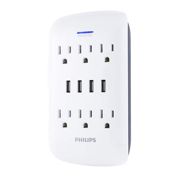 Philips 6-Outlet 900J Surge Protector Outlet Extender with 4 USB Hub, White