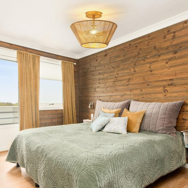 13.8 in. 2-Light Boho Antique Gold Drum Semi- Flush Mount Ceiling Light with Natural Jute Rope Shade