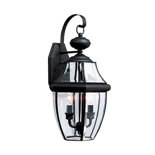 Generation Lighting Lancaster 10 in. W 2-Light Traditional Black Outdoor Wall Lantern Sconce with Clear Beveled 8039-12 The Home Depot