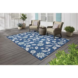 Blue/White 7 ft. x 9 ft. Floral Indoor/Outdoor Patio Area Rug