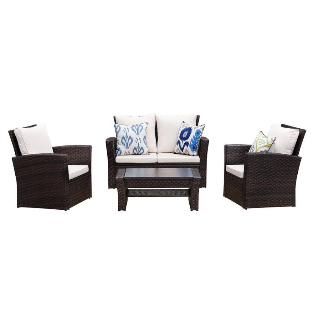 Brown 4-Piece Rattan Wicker Patio Conversation Set with White Cushions with End Side Coffee Table price history on PriceWatchPro