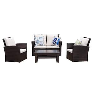 Brown 4-Piece Rattan Wicker Patio Conversation Set with White Cushions with End Side Coffee Table