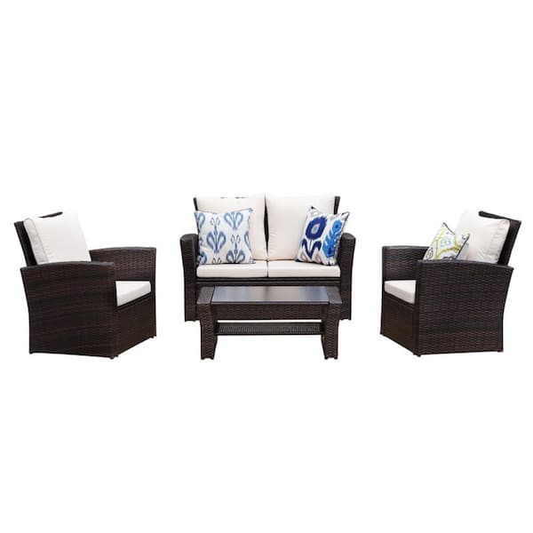 Tenleaf Brown 4-Piece Rattan Wicker Patio Conversation Set with White Cushions with End Side Coffee Table