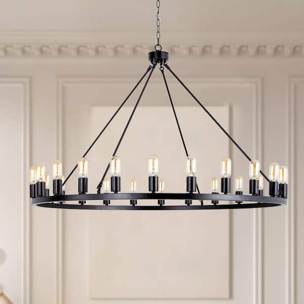24-Light 47 in. Black Farmhouse Wagon Wheel Dimmable Chandeliers Dining Kitchen Ceiling Lights Foyer Bedroom Lighting