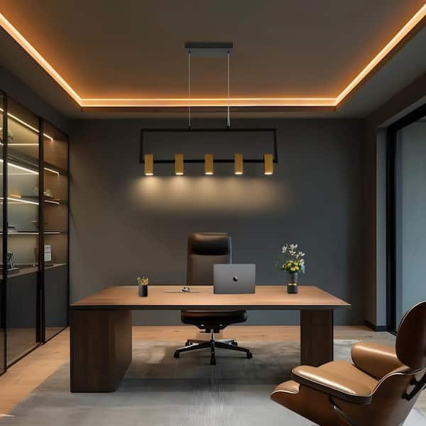 24W Integrated LED 5-Light Brass Linear Chandelier Modern Black Kitchen Island Pendant Light Farmhouse Light Fixture