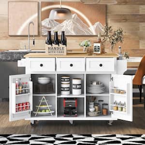 White Rubber Wood Drop-Leaf Countertop 53.1 in. W x 29.5 in. D x 37.2 in. H Kitchen Island with Internal Storage Racks