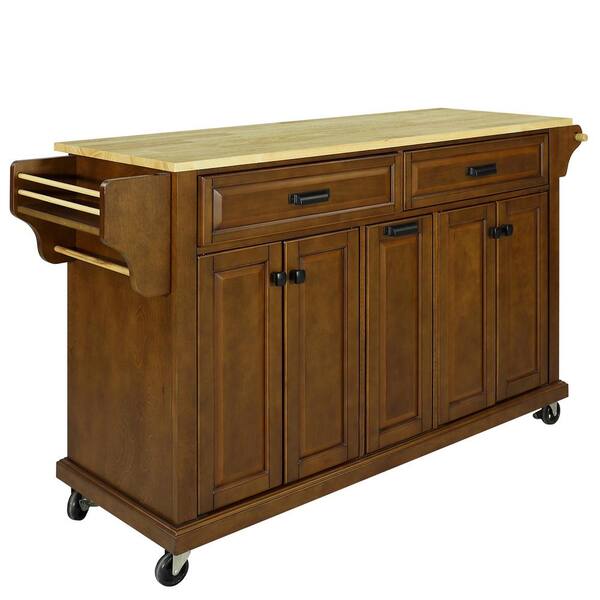 FAMYYT Cambridge Brown Rubberwood Tabletop 60.5 in. Kitchen Island with Adjustable Shelves and Casters