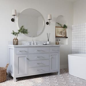 Bristol 55 in. W x 22 in. D x 36 in. H Freestanding Bath Vanity in Grey with White Marble Top