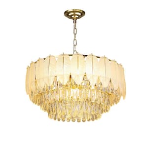 24 in. 11-Light Luxury Crystal Chandelier Adjustable Round Feather Crystal Pendant Light for Living Room Bulbs Included