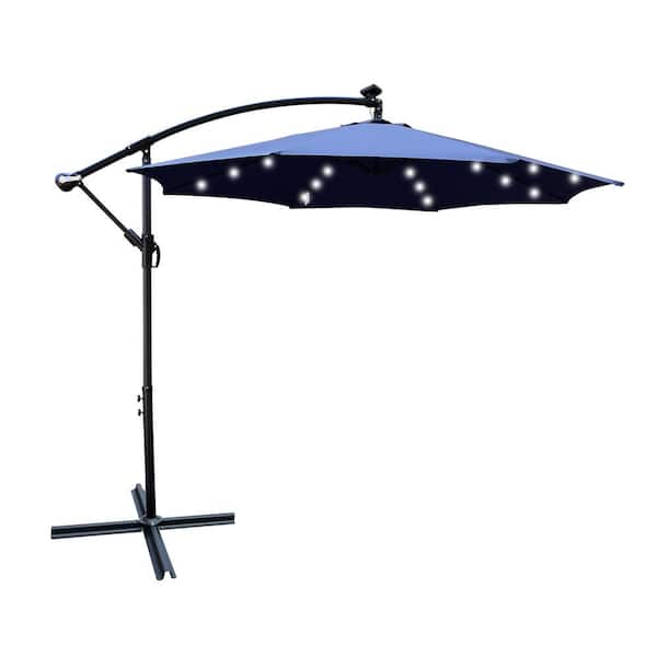 Tunearary 10 ft. Steel Market Umbrella, Patio Umbrella in Navy Blue, Solar LED Light, Crank and Cross Base, Outside Deck Pool