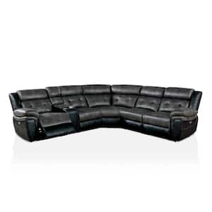 Yuli 125.5 in. 6-Piece Fabric-Like Vinyl Symmetrical Sectionals in Gray and Black with Cup Holders