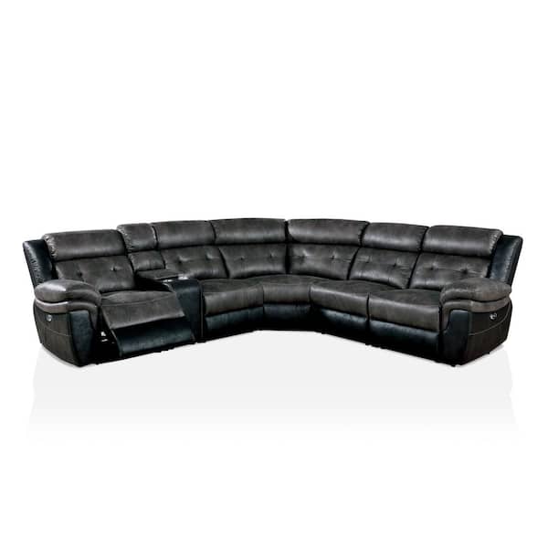 Furniture of America Yuli 125.5 in. 6-Piece Fabric-Like Vinyl Symmetrical Sectionals in Gray and Black with Cup Holders