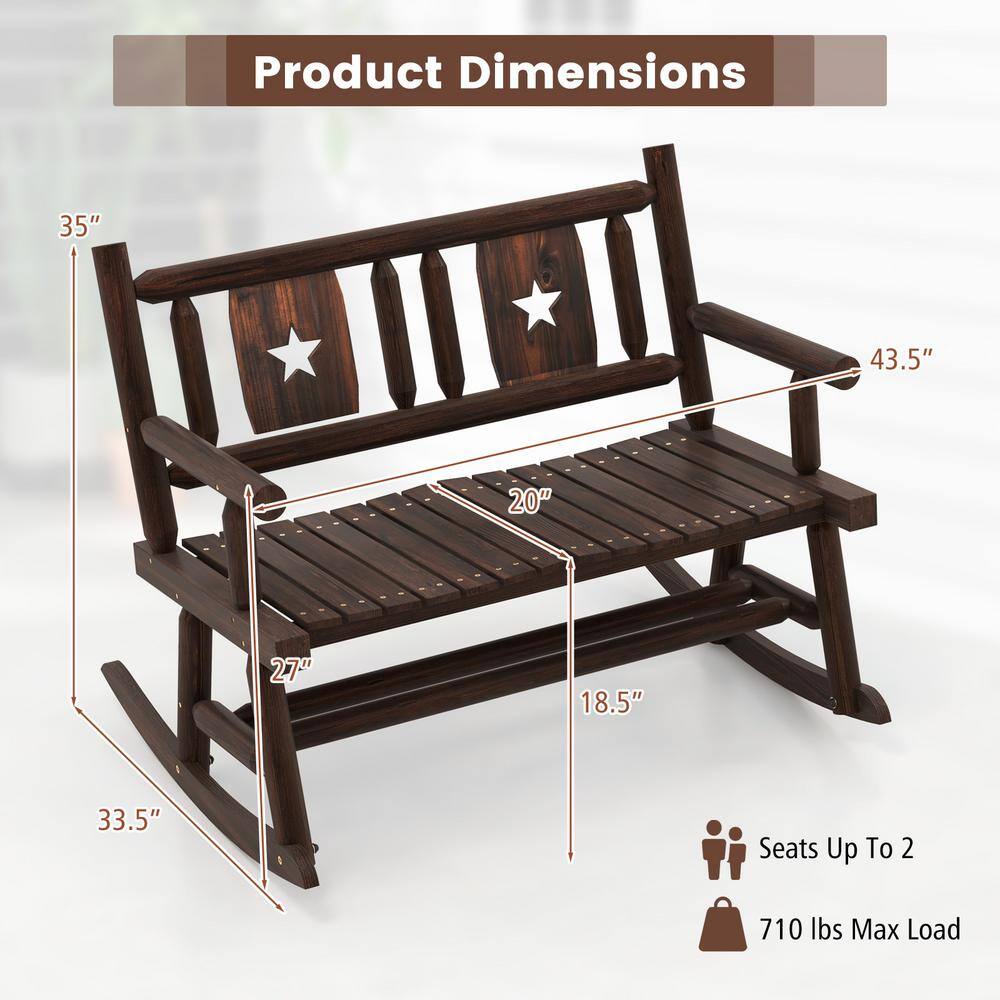 Rustic Brown Pine and Fir Wood 2-Person Outdoor Rocking Loveseat