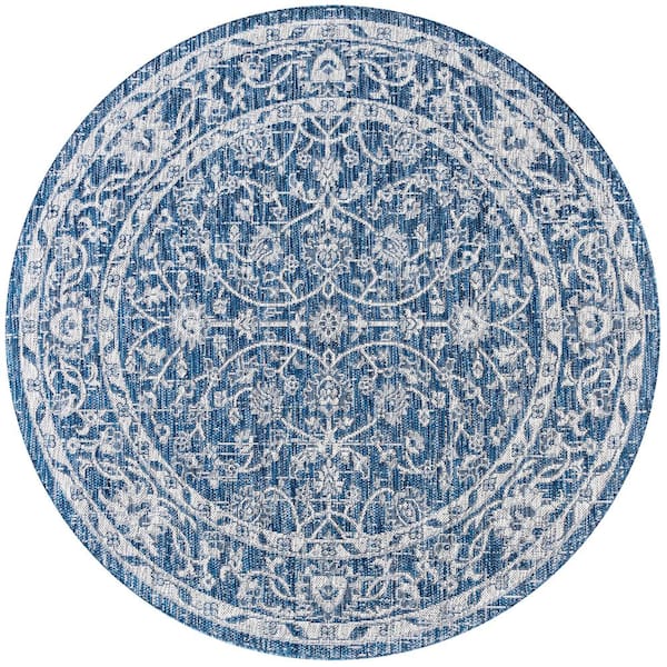 Navy/Gray 5 ft. Round Palazzo Vine and Border Textured Weave Indoor/Outdoor Area Rug