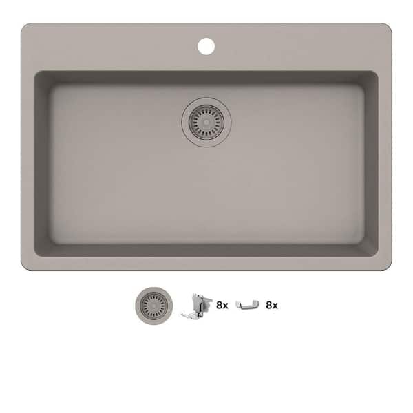 Glacier Bay Stonehaven 33 in. Drop-In Single Bowl Taupe Ice Granite Composite Kitchen Sink with Taupe Strainer
