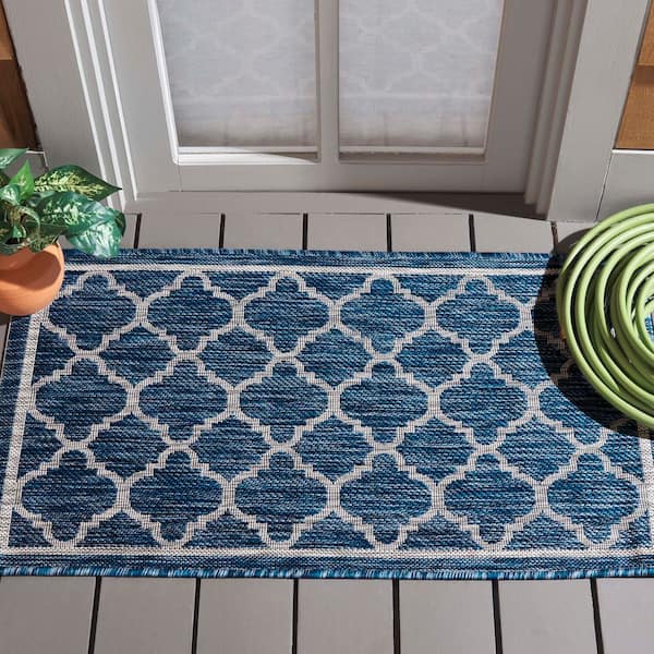 Courtyard Navy/Gray 3 ft. x 5 ft. Border Quatrefoil Indoor/Outdoor Area Rug