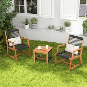 3-Piece Acacia Wood Patio Conversation Set with Armchairs Coffee Table Black and Natural