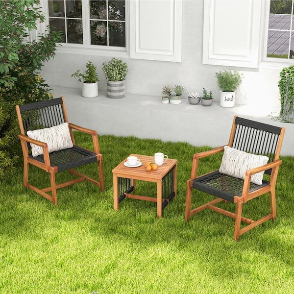 ANGELES HOME 3-Piece Acacia Wood Patio Conversation Set with Armchairs Coffee Table Black and Natural
