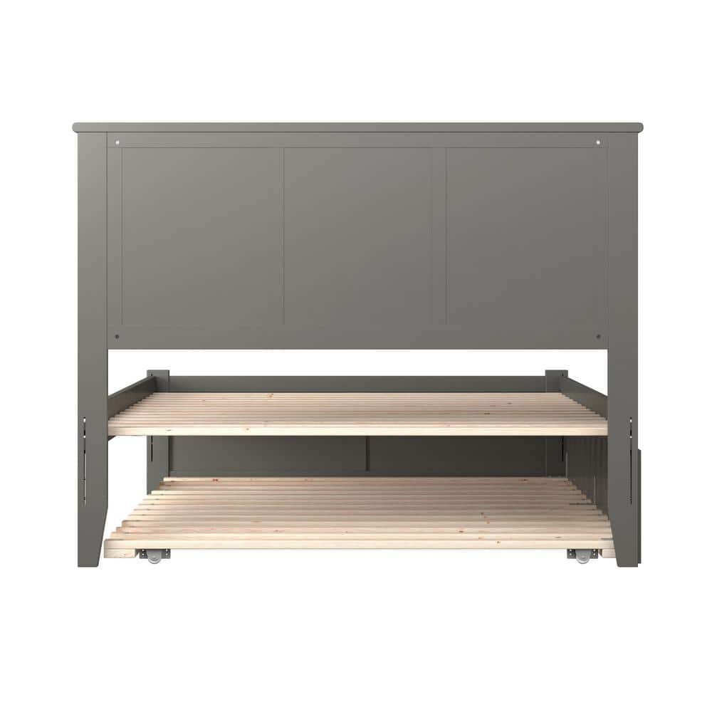 Grey Full Platform Bed with Wood Headboard and Trundle