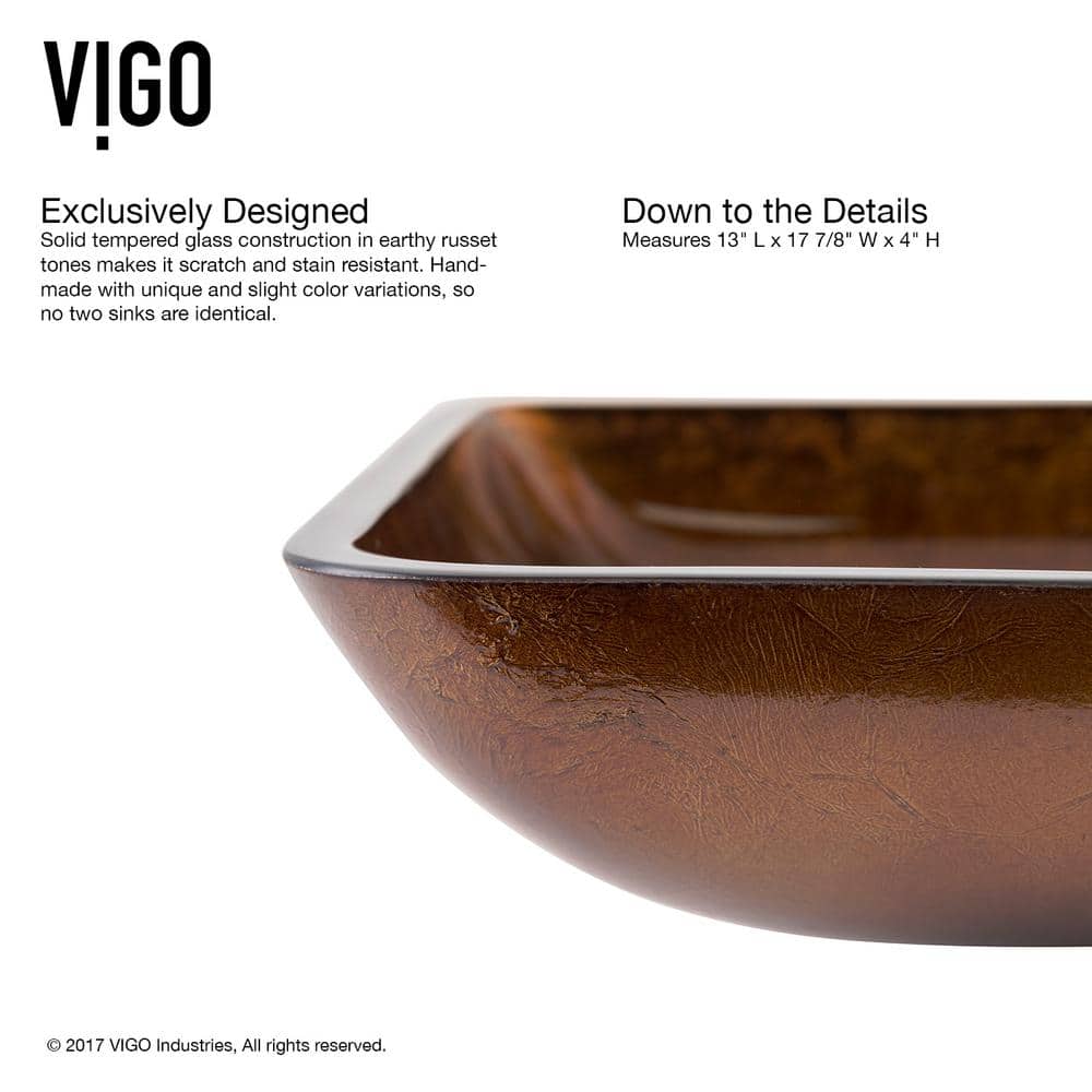 Russet Rectangular Glass Vessel Sink with Antique Bronze Faucet