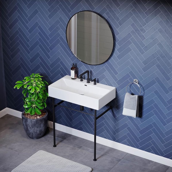 Swiss Madison Claire Ceramic White Console Sink With 30 in. W and Matte Black Legs and 8 in. Widespread Faucet Holes