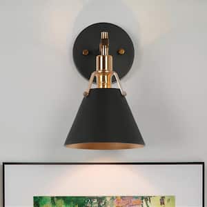 Granville Collection 1-Light Matte Black & Vintage Gold Wall Sconce with Bell Shade Modern Damp-rated Bath Vanity Light