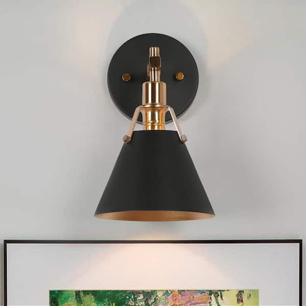 Home Decorators Collection Granville Collection 1-Light Matte Black & Vintage Gold Wall Sconce with Bell Shade Modern Damp-rated Bath Vanity Light