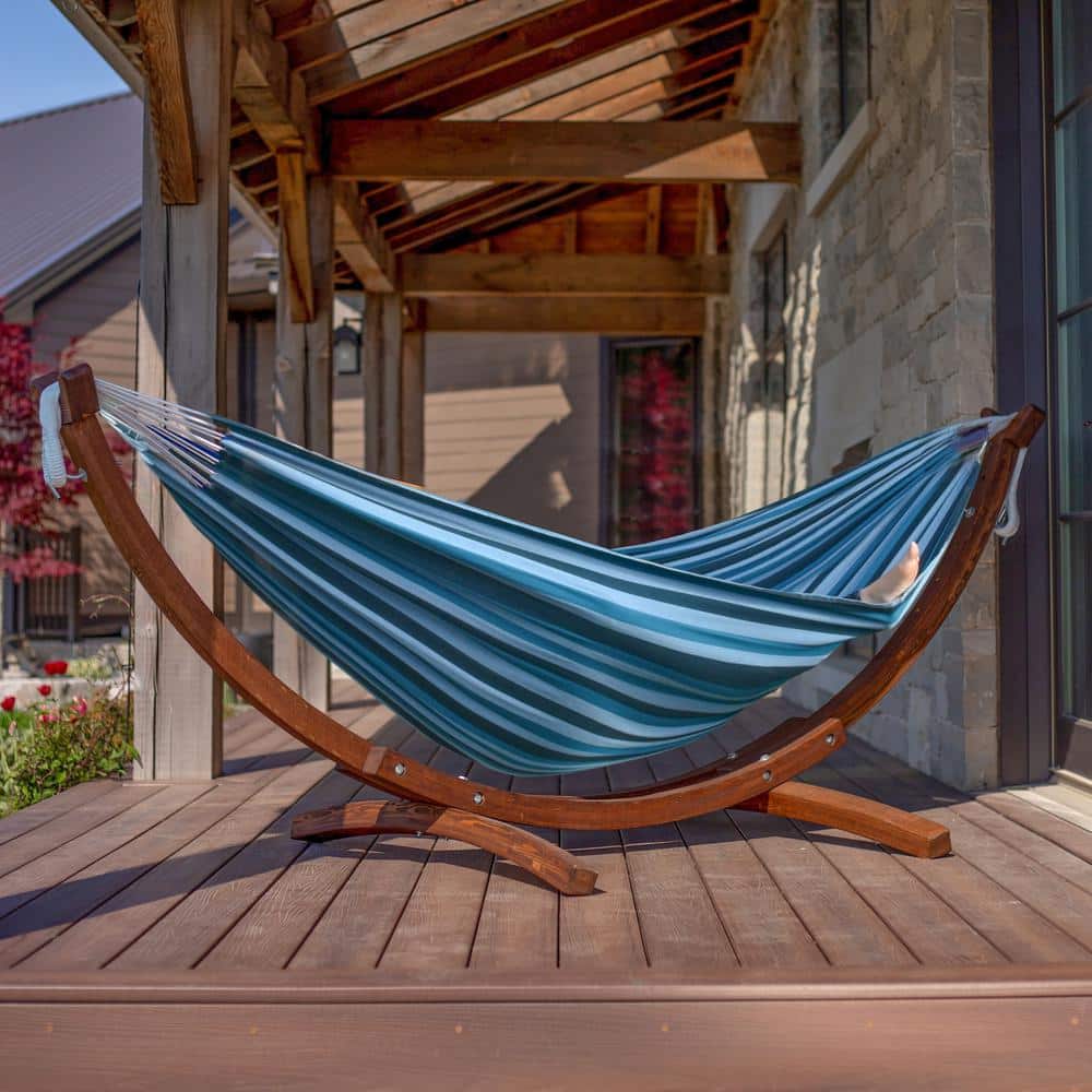 Blue Lagoon Double Cotton Hammock with Solid Pine Arc Stand