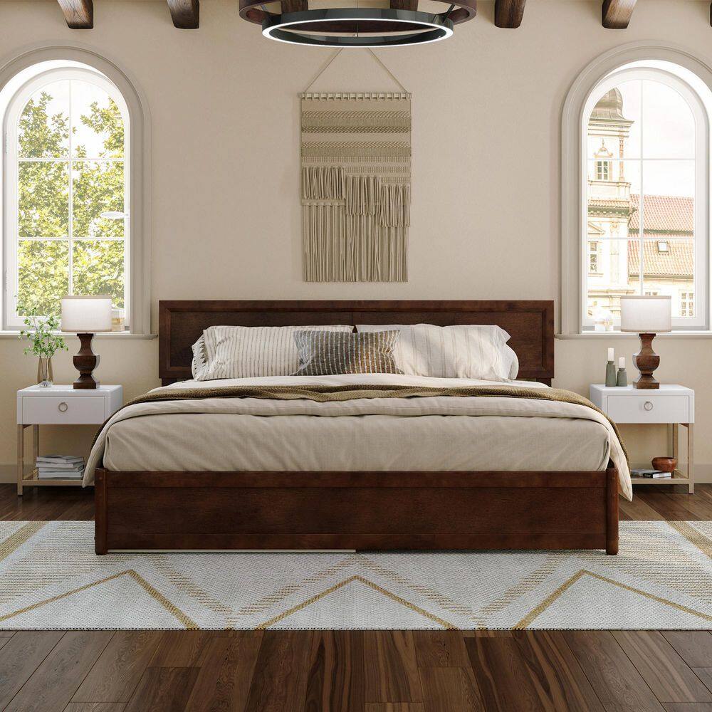 Walnut King Solid Wood Platform Bed with Trundle