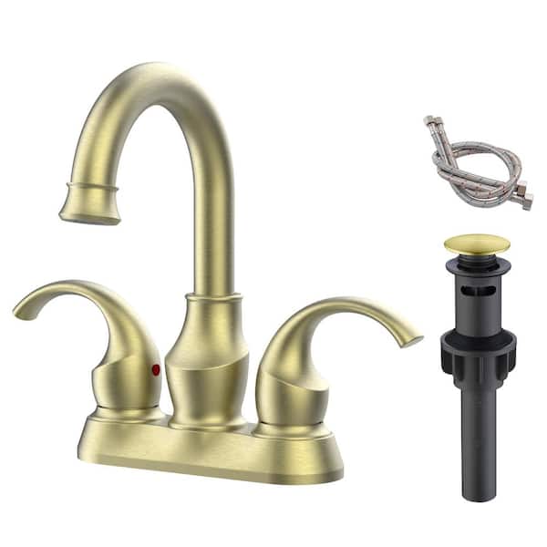 PERLIRIA INC Bathroom Faucet for Sink 3 Hole, 4 in. Centerset 2-Handle Bathroom Sink Faucet with Drain Kit Included in Brushed Gold