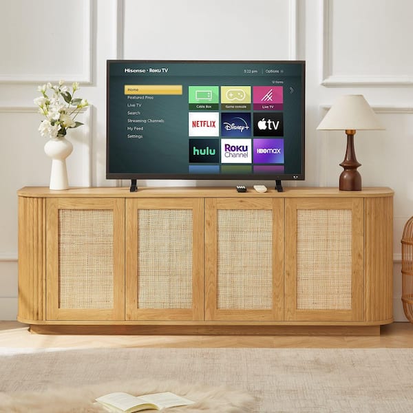 64 in. Natural Wave TV Stand with Rattan Doors-MDF Storage Cabinet for Living Room