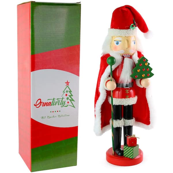 Ornativity Christmas Nostalgic Santa Nutcracker – Red and Black Wooden  Nutcracker Man with Buffalo Plaid Coat with Brown Fur Holding a Xmas Tree