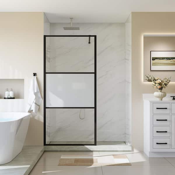 VISTA 34 in. W x 72 in. H Framed Fixed Shower Door in Matte Black, 1/4 in. SGCC Tempered Glass Shower Screen Door Panel
