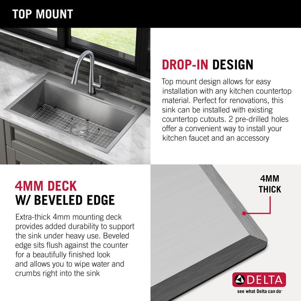 Delta 33-Inch Stainless Steel Single Bowl Workstation Kitchen Sink