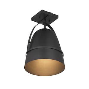 Rue 9.5 in. 1-Light Black Modern Outdoor Semi Flush Mount Light with Dark Sky Metal Shade