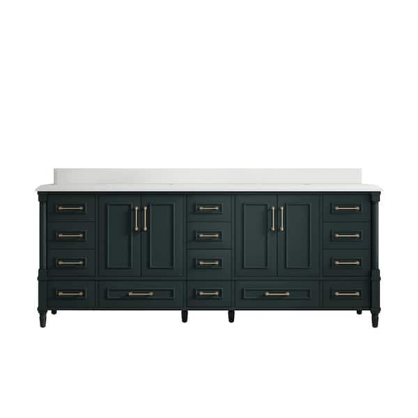 Willow Collections Hudson 84 in. W x 22 in. D x 36 in. H Double Sink Bath Vanity in Dark Green with Cove Edge White Quartz Top