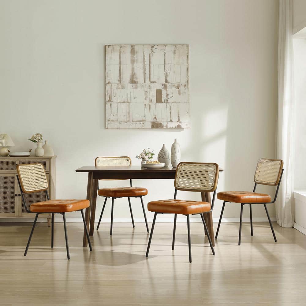 Yellow Brown Faux Leather Upholstered Rattan Cane Side Chair Set