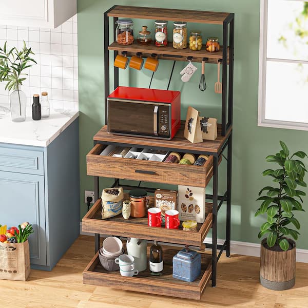 Bachel Vintage Brown 5+ Shelf Wood 31.5 in. W Baker's Rack with Power and USB Outlets, Microwave Oven Stand with Drawer