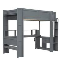 Harper & Bright Designs Gaming Style Gray Twin Wood Loft Bed with Built-In Tabletop, LED, Charging Station, Multiple Storage Shelves, Drawer QHS395AAE-T