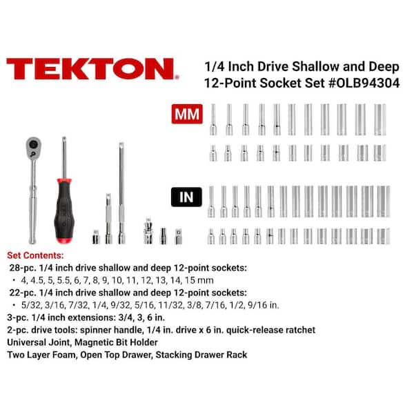 1/4 Inch Drive 12-Point Socket and Ratchet Set with Open Top Drawer and Rack, 58-Piece (5/32-9/16 in., 4-15 mm)