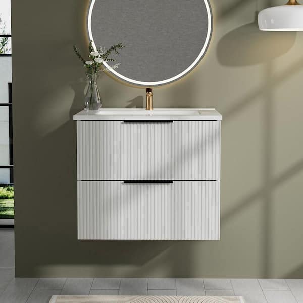FAMYYT 24 in. W Single Sink Striped Brushed Floating Black Oak